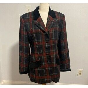 International Scene Blazer Womens 12‎ Plaid Velvet Trim Equestrian Academia Y2K